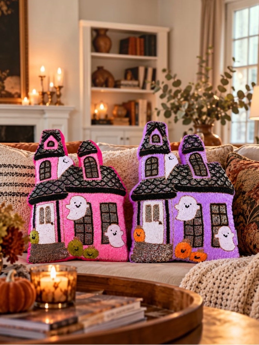 ✨ Cupcakes & Cashmere Beaded Haunted House Pillows Set of 2 NWT Halloween